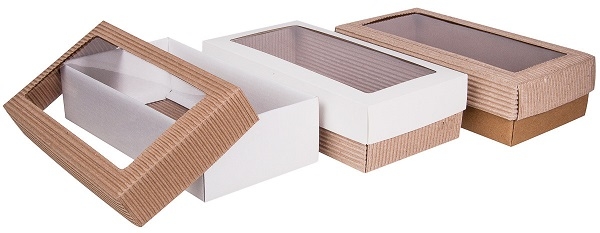 210x10x55 Коробка для кондитерской продукции с окошком (эко натураль/глянец белый/гофра) 210x10x55 Коробка для кондитерской продукции с окошком