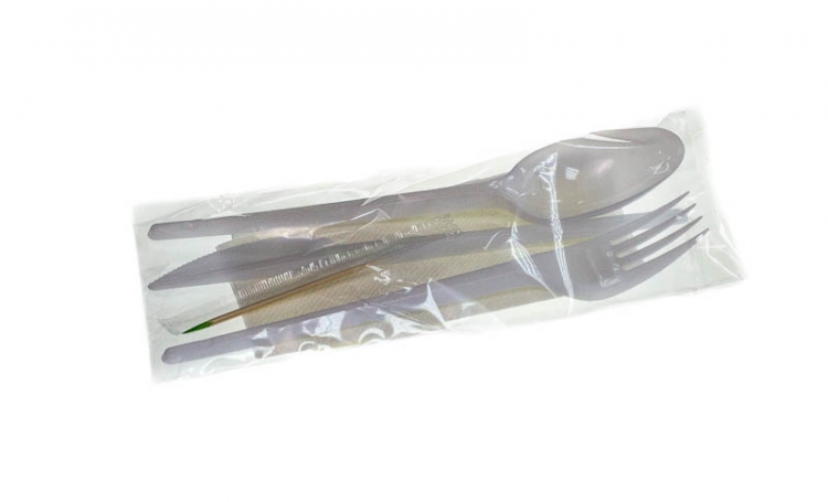 Комплект 5 (вилка, нож, ложка, зубочистка, салфетка), белый (х2500) Комплект 5 (вилка, нож, ложка, зубочистка, салфетка), белый