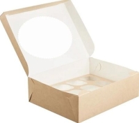 Коробка картонная для кексов, маффинов 250х250х100мм MUF 9 для 9 шт. С окном цвет Крафт/Белый OSQ (х100)