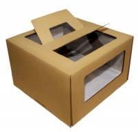 300*300*190 Картонная коробка для торта от 1 до 3 кг бур/бур (Д 15-30см) (с ручками и прозрачными окошками (кр+дно))(х25) Россия 